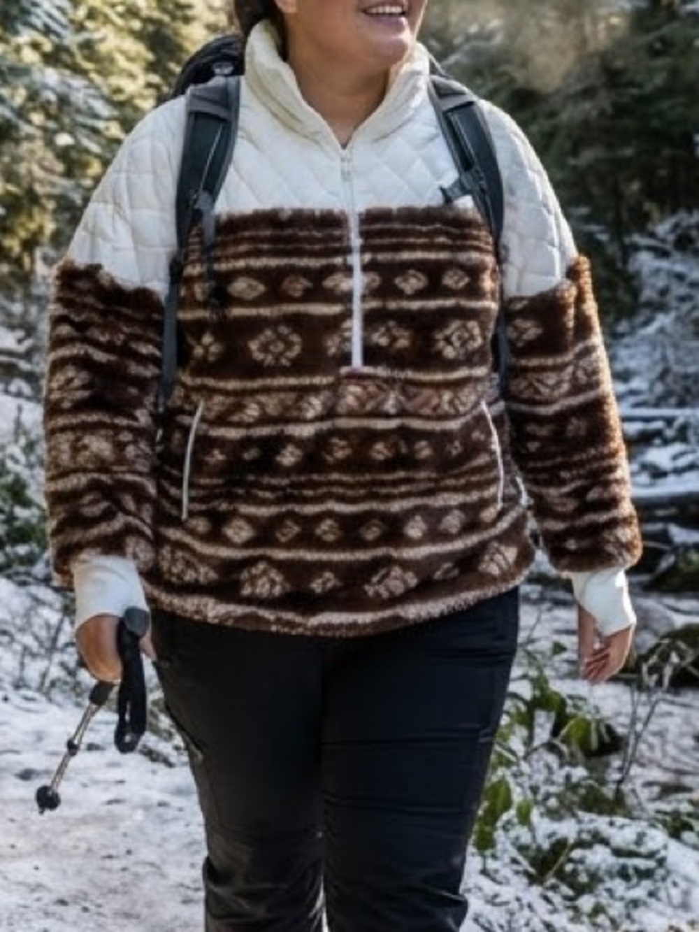 LuLaRoe Quilted Faux Fur Aztec Pattern Zip Pullover Jacket Brown Cream 3XL Cabin